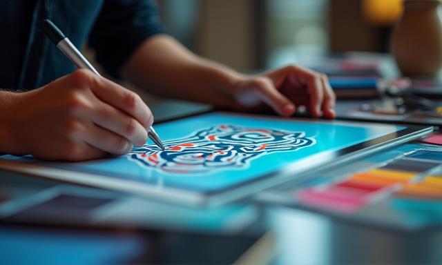 Designer che crea un logo su tablet grafico con elementi di branding astratti