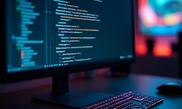 Codice su schermo di computer con grafica frontend vibrante in background sfocato